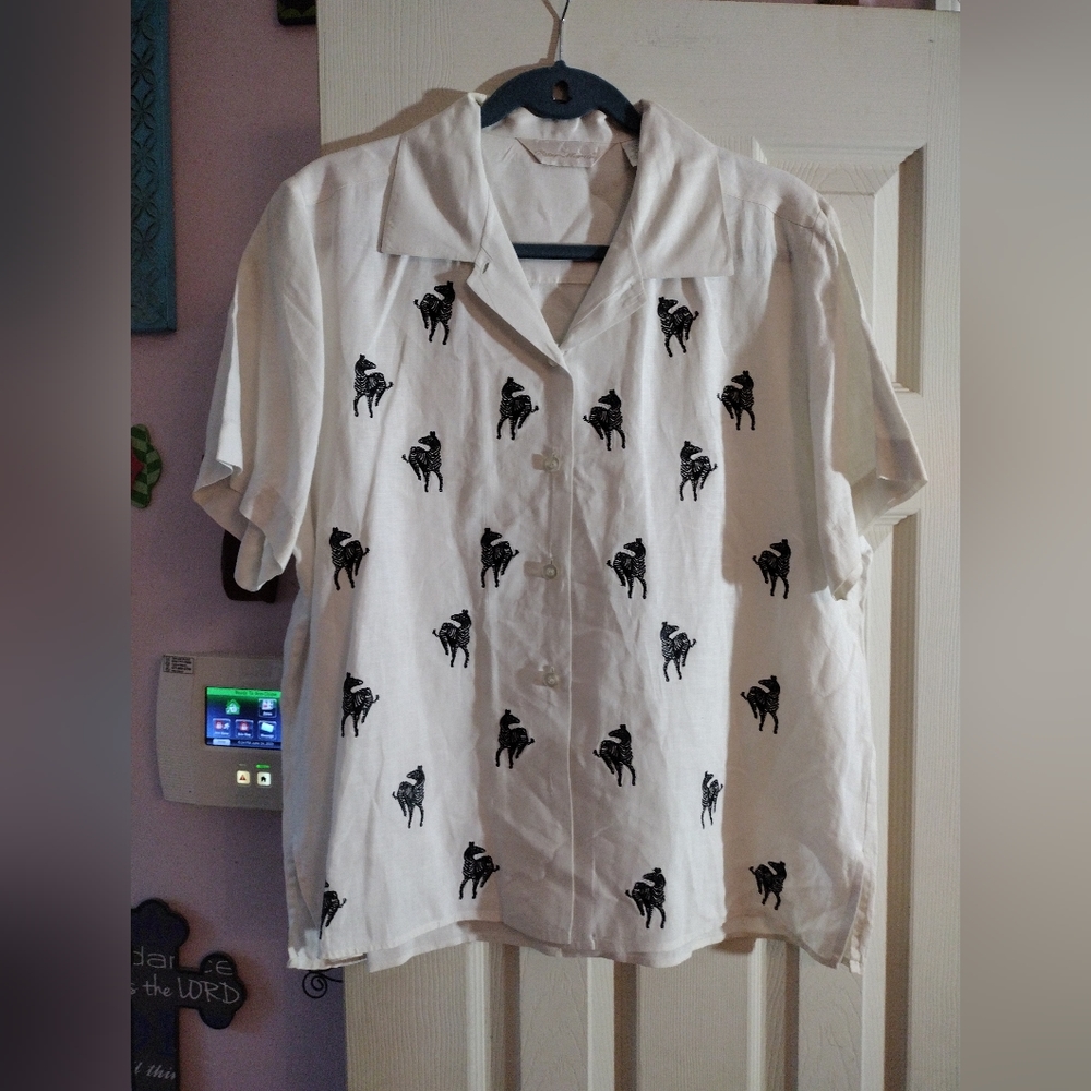Peter Martin Zebra Linen Shirt Button Down Wom 12 Safari Animal Embroidered 2